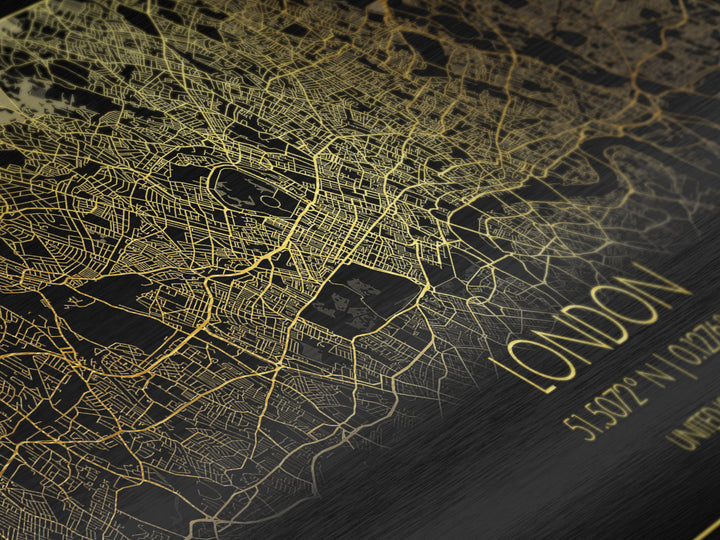 London United Kingdom City street map, Metallic Gold Print, Metal Art, wood framed map, black and gold, Street Map Wall Art, Housewarming Gift