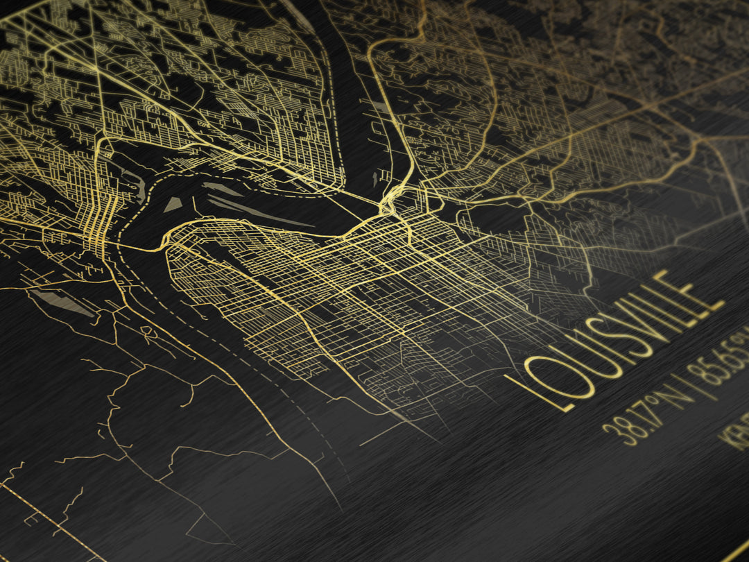 Louisville Kentucky City Poster, Metallic Gold Art, Metal Art, real wood frames, black and gold, Street Map Wall Art, Map Art