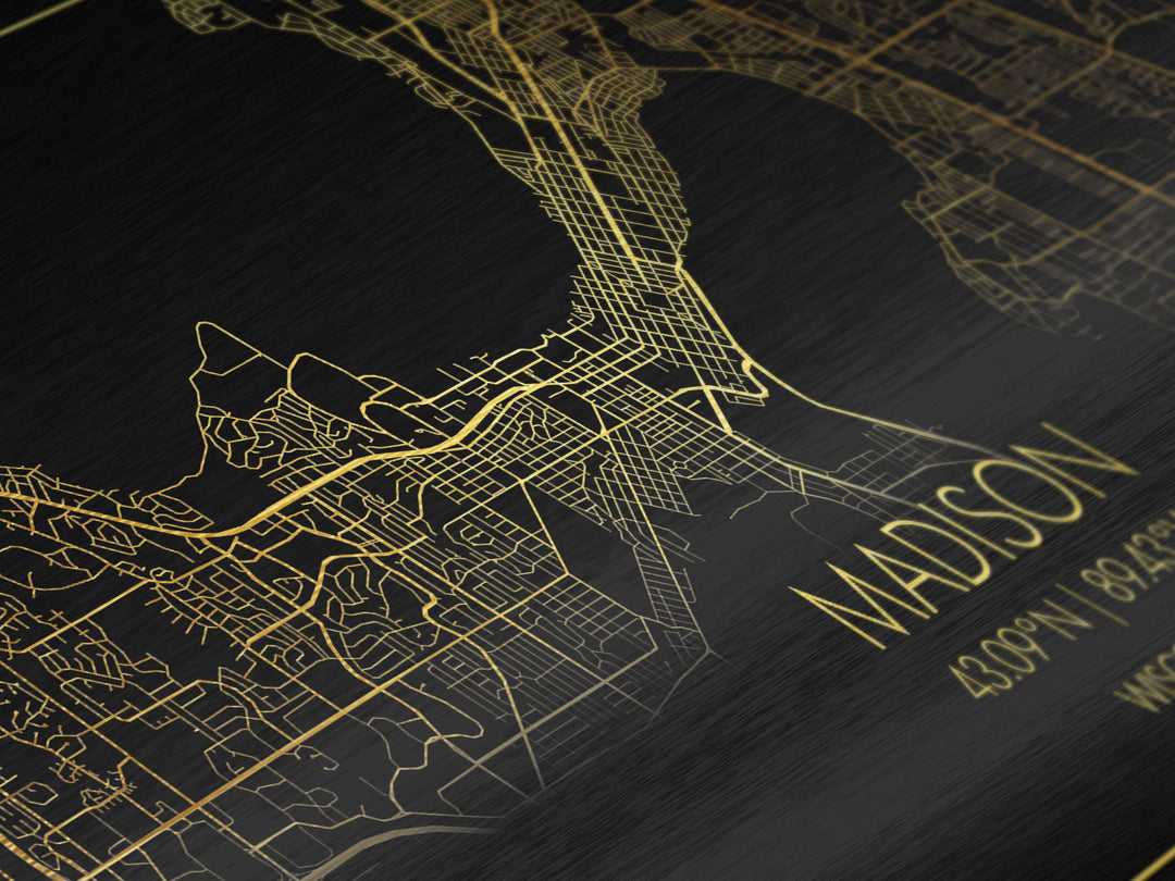 Madison Wisconsin City Poster, Metallic Gold Art, Metal Art, real wood frames, black and gold, Travel Poster, Minimalist Wall Art