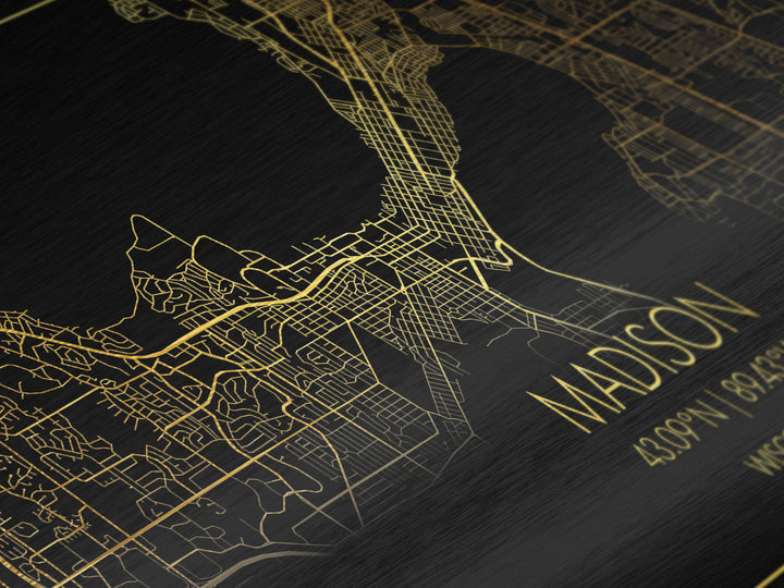 Madison Wisconsin City Poster, Metallic Gold Art, Metal Art, real wood frames, black and gold, Travel Poster, Minimalist Wall Art