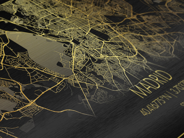 Madrid Spain City street map, Metallic Gold Print, Metal Art, wood framed map, black and gold, Street Map Wall Art, College Dorm Décor