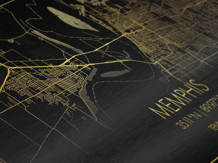 Memphis Tennessee City Poster, Metallic Gold Art, Metal Art, real wood frames, black and gold, Street Map Art, Housewarming Gift