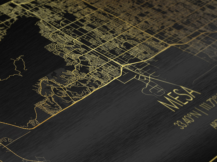 Mesa Arizona City street map, Metallic Gold Print, Metal Art, wood framed map, black and gold, Modern Wall Art, Street Map Wall Art