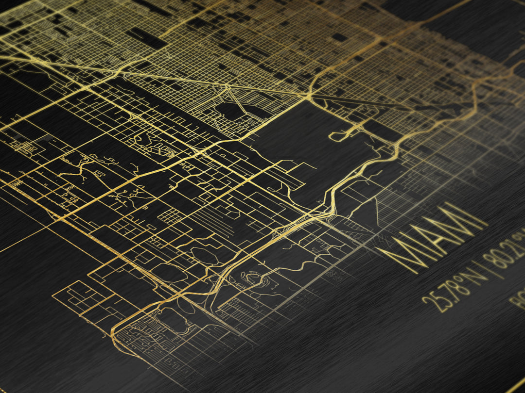 Miami Florida City Poster, Metallic Gold Art, Metal Art, real wood frames, black and gold, Street Map Art, Map Print Poster