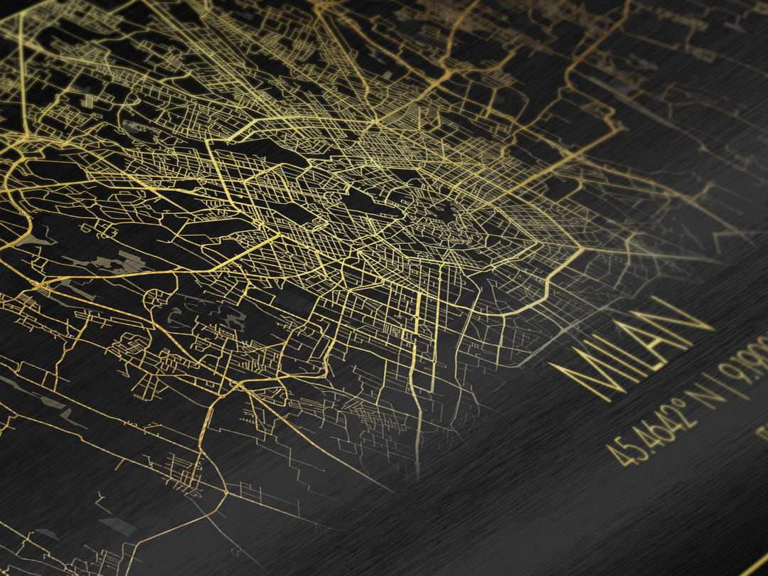 Milan Italy City street map, Metallic Gold Print, Metal Art, wood framed map, black and gold, Street Map Wall Art, Best Friend Gifts