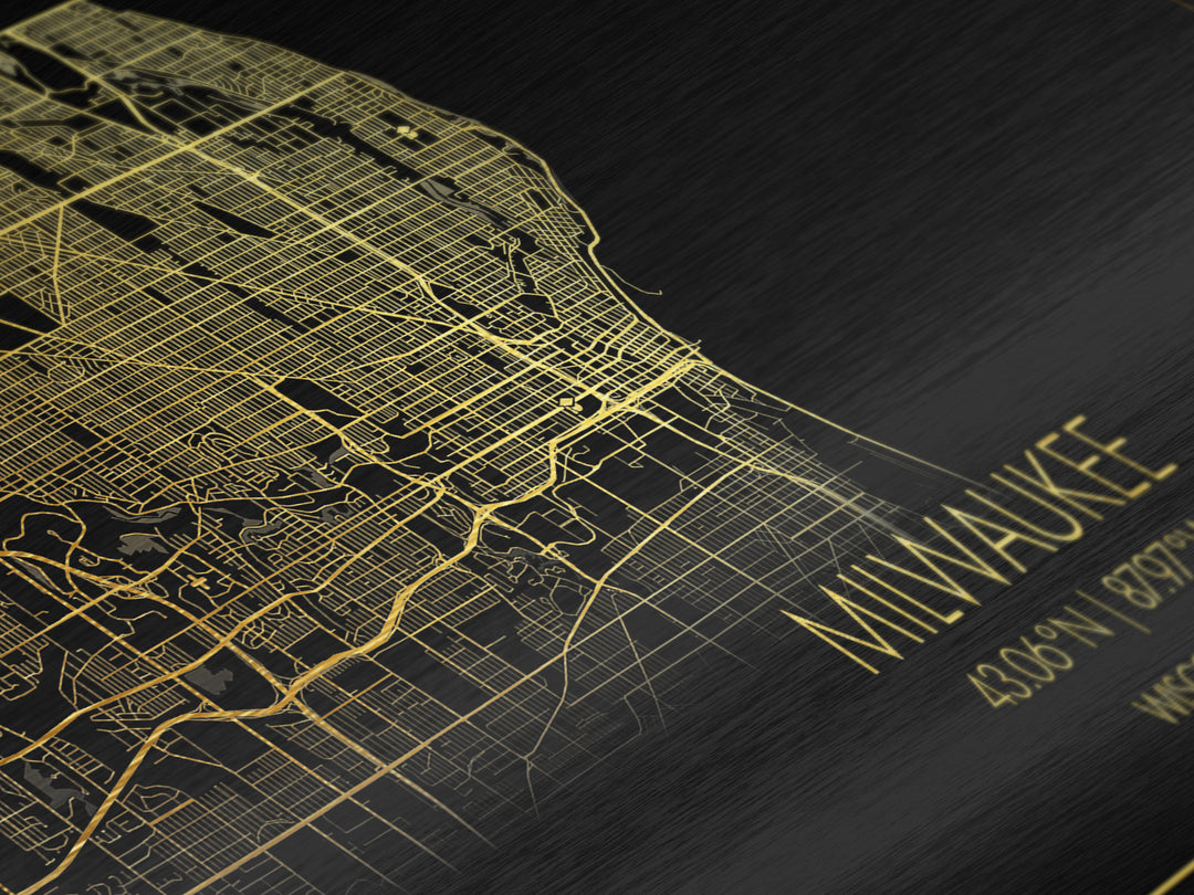 Milwaukee Wisconsin City Poster, Metallic Gold Art, Metal Art, real wood frames, black and gold, Street Map Art, Map Art