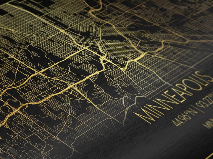 Minneapolis Minnesota City street map, Metallic Gold Print, Metal Art, wood framed map, black and gold, Street Map Wall Art, Travel Poster