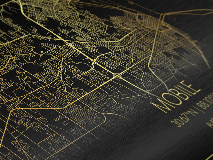 Mobile Alabama City Poster, Metallic Gold Art, Metal Art, real wood frames, black and gold, Street Map Art, Housewarming Gift