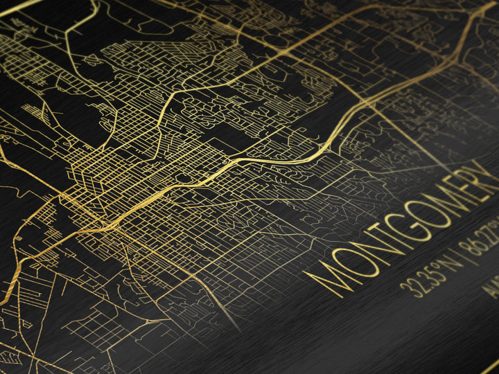 Montgomery Alabama City Poster, Metallic Gold Art, Metal Art, real wood frames, black and gold, Street Map Art, Office Decor