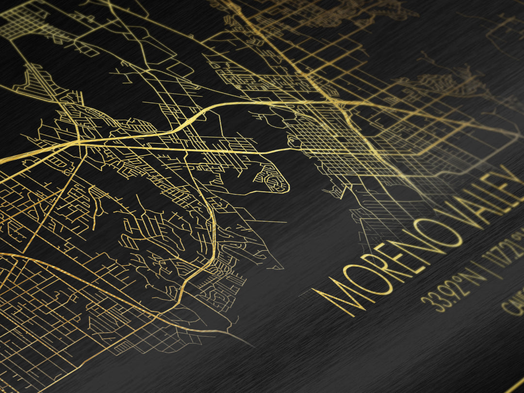 Moreno Valley California City street map, Metallic Gold Print, Metal Art, wood framed map, black and gold, Street Map Wall Art, Best Friend Gifts