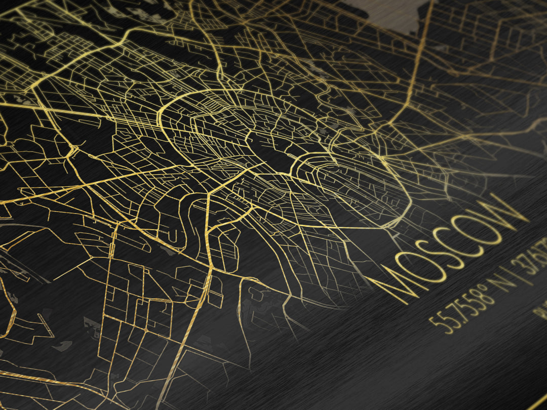 Moscow Russia City Poster, Metallic Gold Art, Metal Art, real wood frames, black and gold, Street Map Art, College Dorm Décor