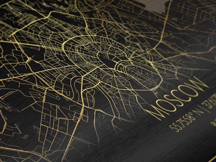 Moscow Russia City Poster, Metallic Gold Art, Metal Art, real wood frames, black and gold, Street Map Art, College Dorm Décor