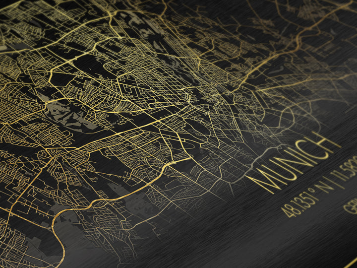Munich Germany City street map, Metallic Gold Print, Metal Art, wood framed map, black and gold, Street Map Wall Art, Housewarming Gift