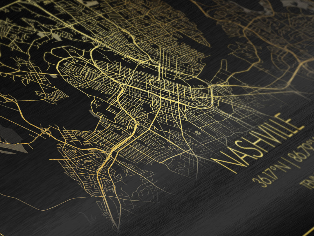 Nashville Tennessee City Poster, Metallic Gold Art, Metal Art, real wood frames, black and gold, Street Map Art, Map Art