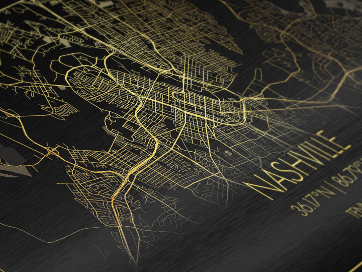 Nashville Tennessee City Poster, Metallic Gold Art, Metal Art, real wood frames, black and gold, Street Map Art, Map Art