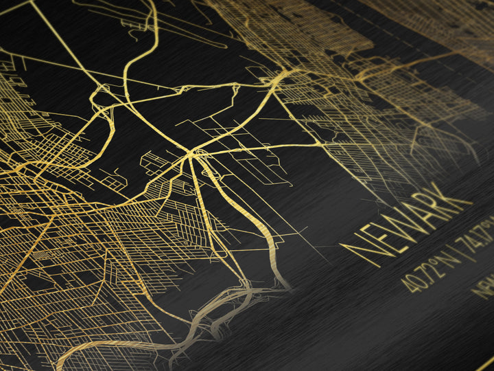 Newark New Jersey City street map, Metallic Gold Print, Metal Art, wood framed map, black and gold, Street Map Wall Art, Office Decor