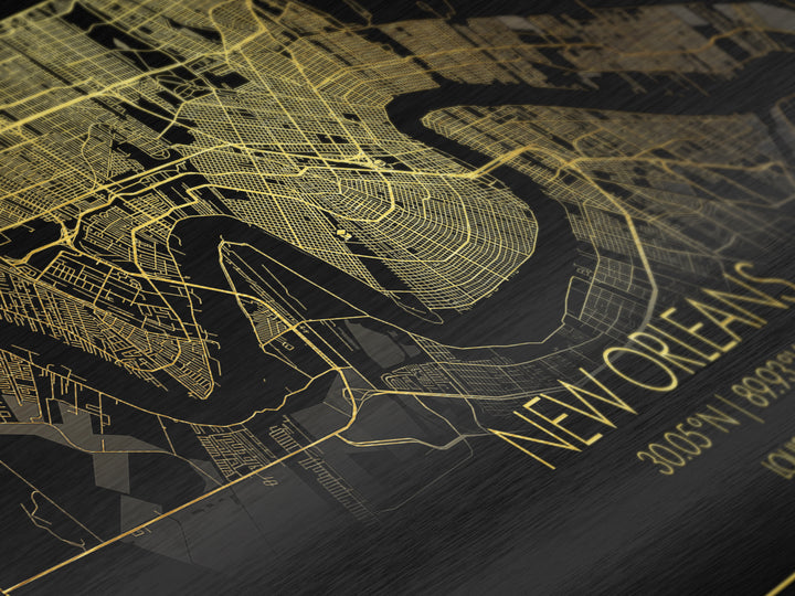 New Orleans Louisiana City Poster, Metallic Gold Art, Metal Art, real wood frames, black and gold, Street Map Art, Housewarming Gift