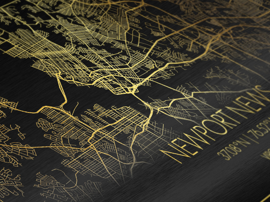 Newport News Virginia City street map, Metallic Gold Print, Metal Art, wood framed map, black and gold, Street Map Wall Art, Travel Poster