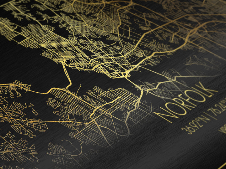 Norfolk Virginia City street map, Metallic Gold Print, Metal Art, wood framed map, black and gold, Street Map Wall Art, Best Friend Gifts