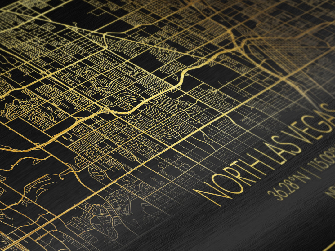 North Las Vegas Nevada City Poster, Metallic Gold Art, Metal Art, real wood frames, black and gold, Street Map Art, Modern House Art