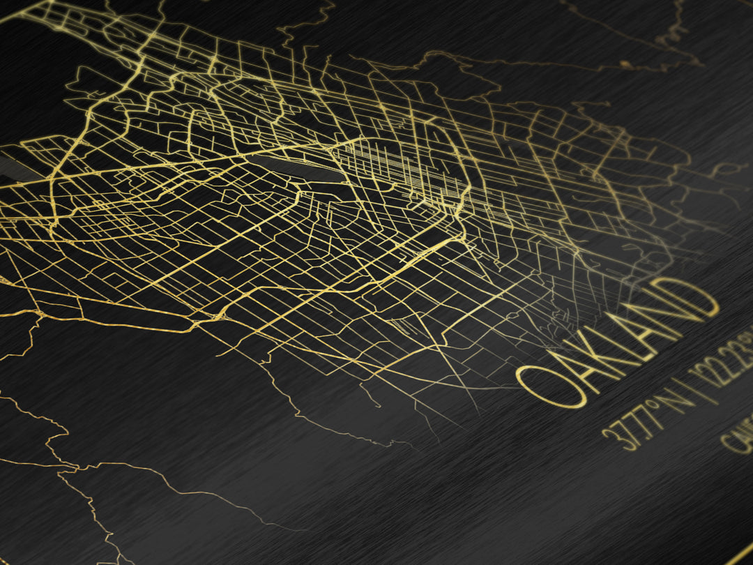 Oakland California City street map, Metallic Gold Print, Metal Art, wood framed map, black and gold, Street Map Wall Art, Office Decor