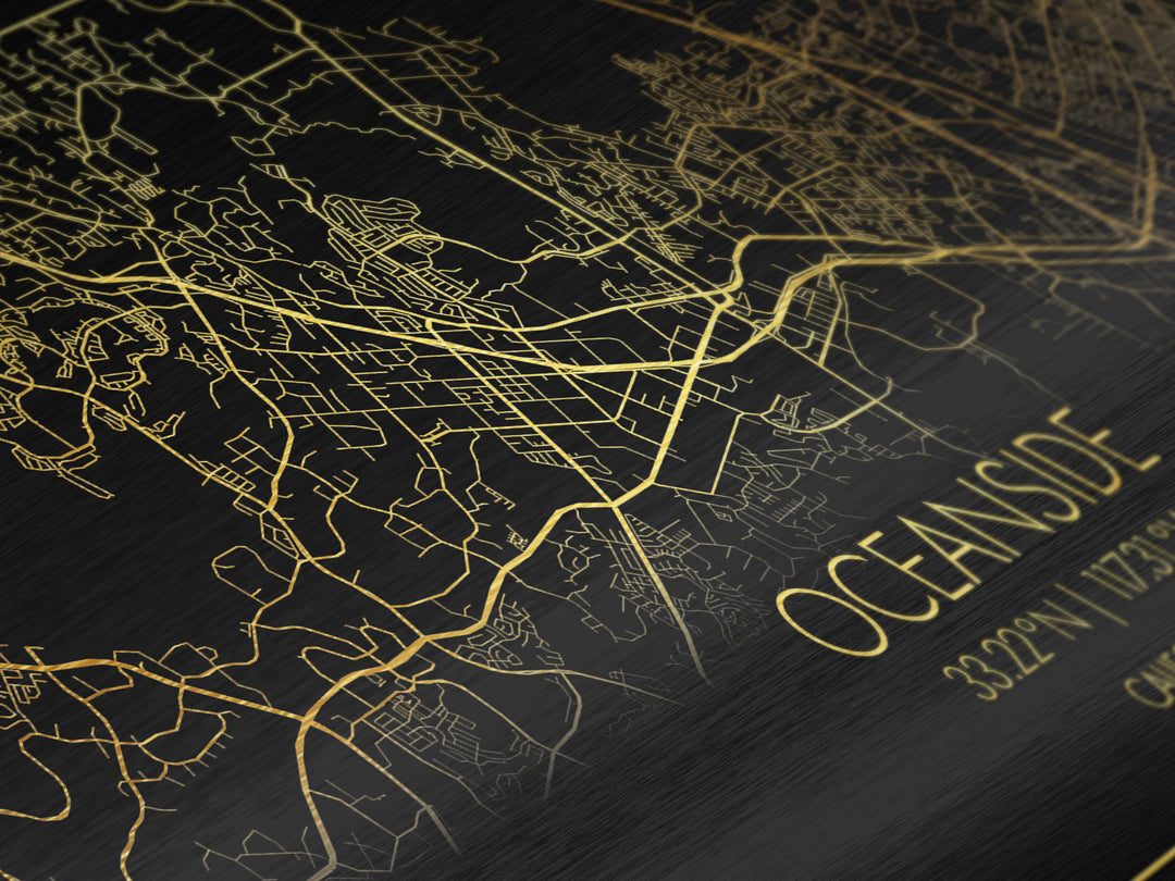 Oceanside California City Poster, Metallic Gold Art, Metal Art, real wood frames, black and gold, Street Map Art, Housewarming Gift