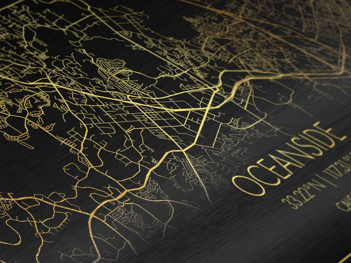 Oceanside California City Poster, Metallic Gold Art, Metal Art, real wood frames, black and gold, Street Map Art, Housewarming Gift