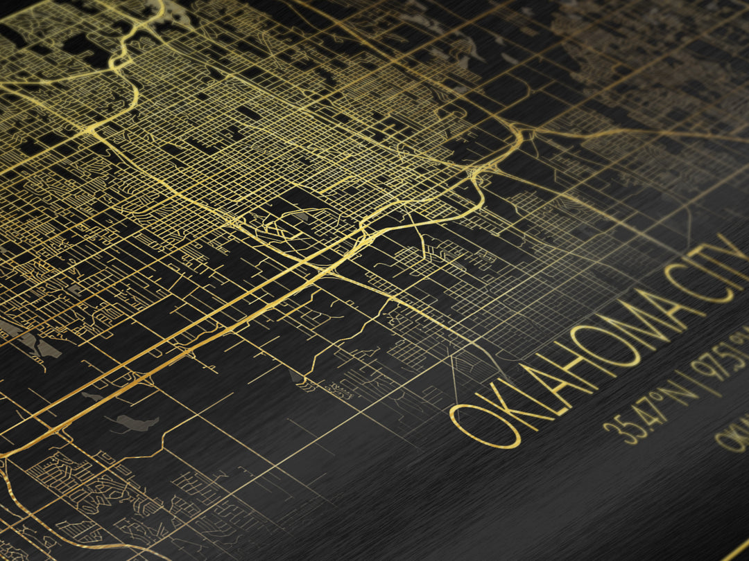 Oklahoma City Oklahoma City street map, Metallic Gold Print, Metal Art, wood framed map, black and gold, Street Map Wall Art, Travel Poster