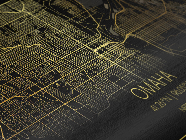 Omaha Nebraska City Poster, Metallic Gold Art, Metal Art, real wood frames, black and gold, Street Map Art, Best Friend Gifts