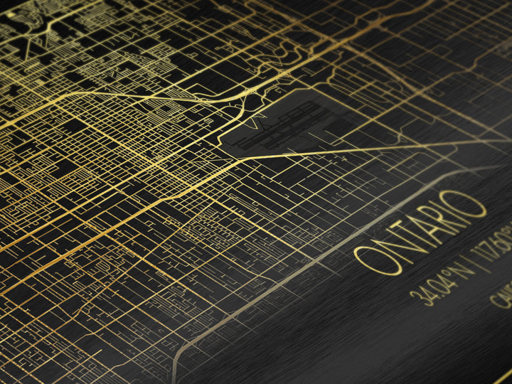 Ontario California City street map, Metallic Gold Print, Metal Art, wood framed map, black and gold, Street Map Wall Art, Minimalist Wall Art