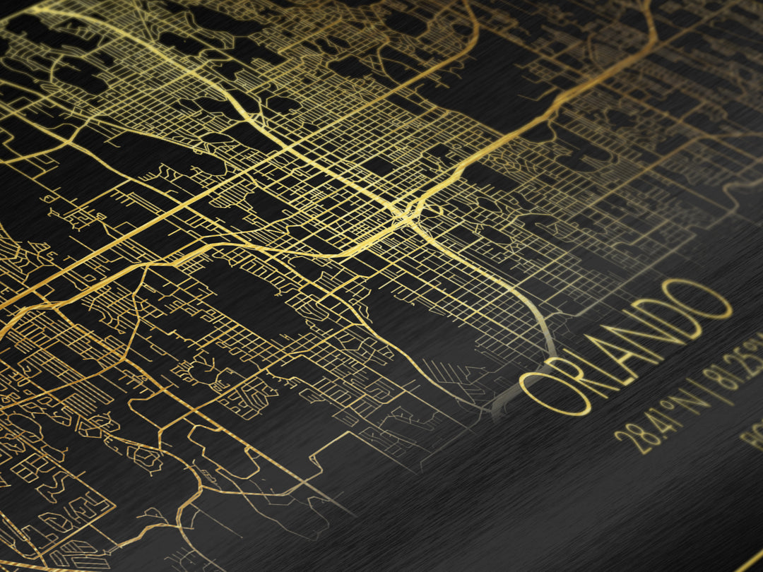 Orlando Florida City Poster, Metallic Gold Art, Metal Art, real wood frames, black and gold, Street Map Art, Modern Wall Art