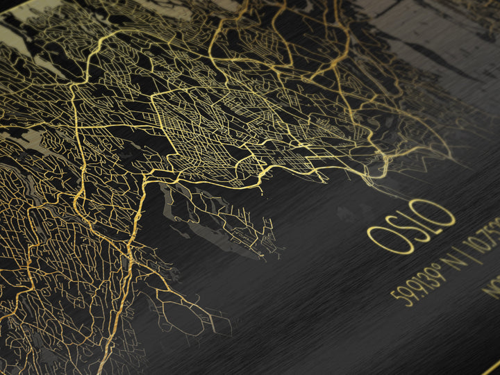 Oslo Norway City street map, Metallic Gold Print, Metal Art, wood framed map, black and gold, Street Map Art, Minimalist Wall Art