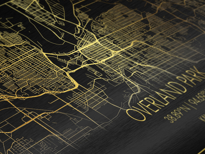 Overland Park Kansas City Poster, Metallic Gold Art, Metal Art, real wood frames, black and gold, Street Map Wall Art, Modern Wall Art
