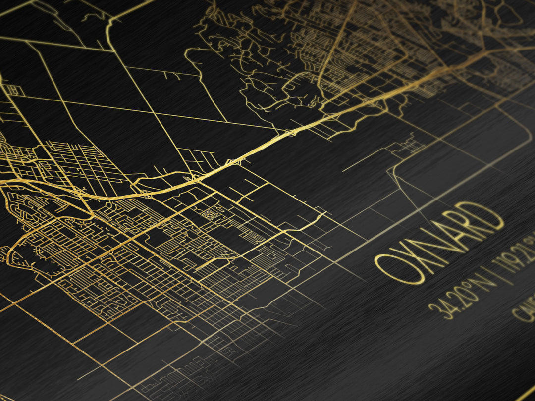 Oxnard California City street map, Metallic Gold Print, Metal Art, wood framed map, black and gold, Street Map Art, Housewarming Gift