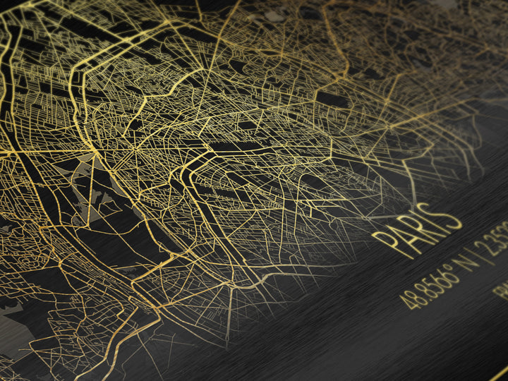 Paris France City Poster, Metallic Gold Art, Metal Art, real wood frames, black and gold, Street Map Wall Art, Gold Street Map Art