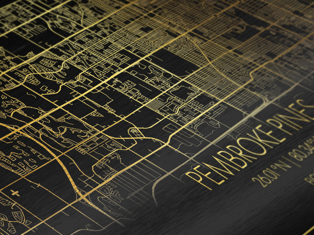 Pembroke Pines Florida City street map, Metallic Gold Print, Metal Art, wood framed map, black and gold, Street Map Art, Best Friend Gifts