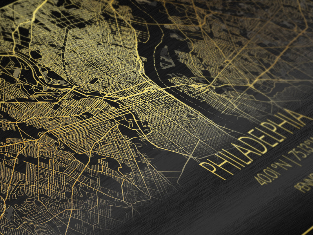 Philadelphia Pennsylvania City street map, Metallic Gold Print, Metal Art, wood framed map, black and gold, Street Map Art, Housewarming Gift