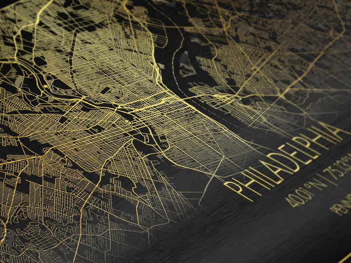 Philadelphia Pennsylvania City street map, Metallic Gold Print, Metal Art, wood framed map, black and gold, Street Map Art, Housewarming Gift