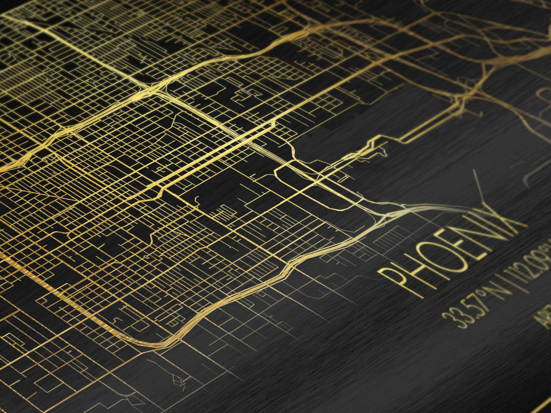 Phoenix Arizona City Poster, Metallic Gold Art, Metal Art, real wood frames, black and gold, Street Map Wall Art, Minimalist Wall Art