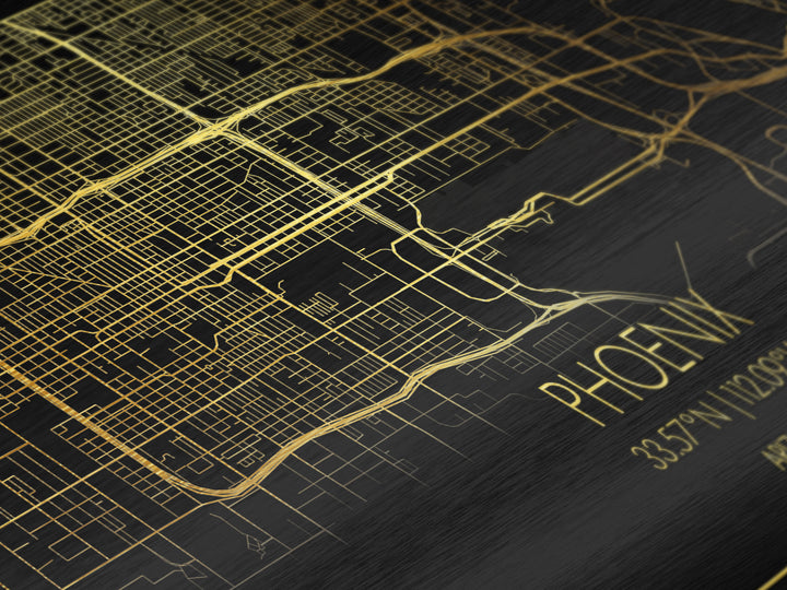 Phoenix Arizona City Poster, Metallic Gold Art, Metal Art, real wood frames, black and gold, Street Map Wall Art, Minimalist Wall Art