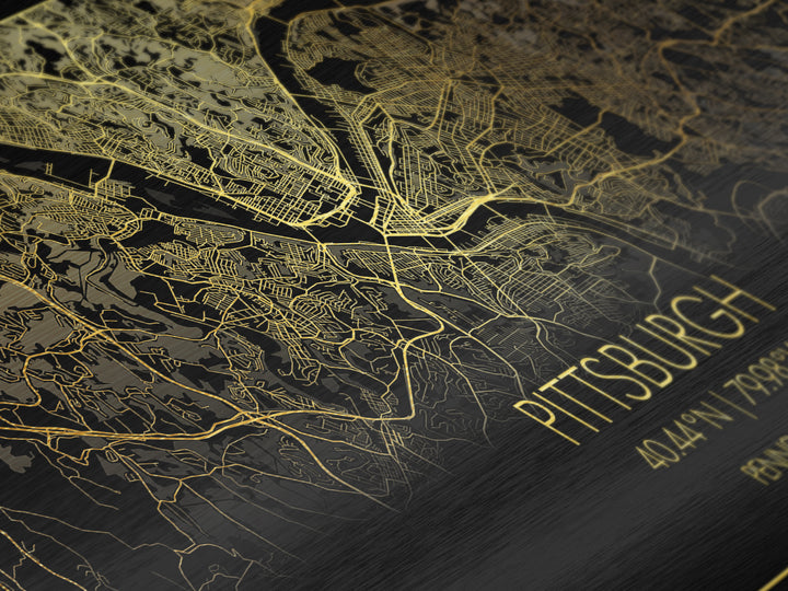 Pittsburgh Pennsylvania City street map, Metallic Gold Print, Metal Art, wood framed map, black and gold, Street Map Art, Real Wood Frames