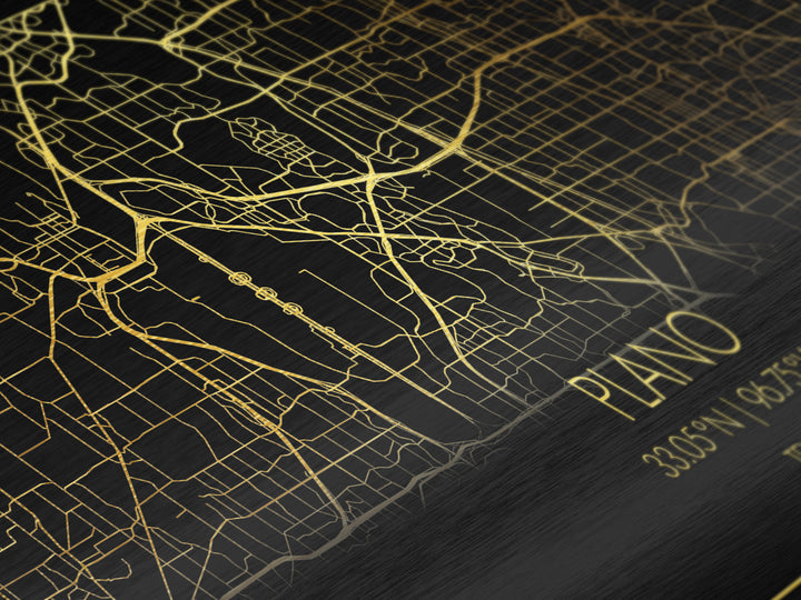 Plano Texas City Poster, Metallic Gold Art, Metal Art, real wood frames, black and gold, Street Map Wall Art, Gold Street Map Art