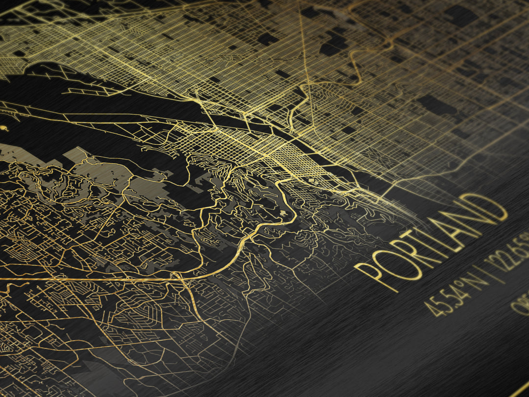 Portland Oregon City street map, Metallic Gold Print, Metal Art, wood framed map, black and gold, Street Map Art, Travel Poster