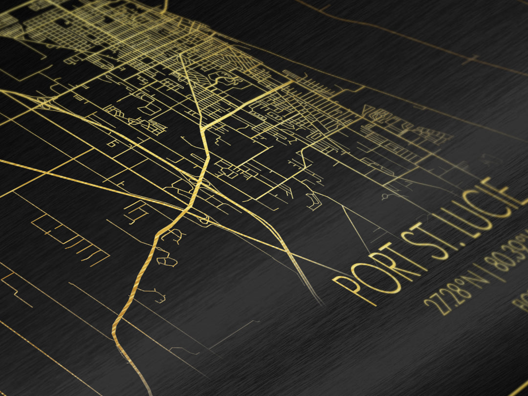Port St. Lucie Florida City Poster, Metallic Gold Art, Metal Art, real wood frames, black and gold, Street Map Wall Art, Housewarming Gift