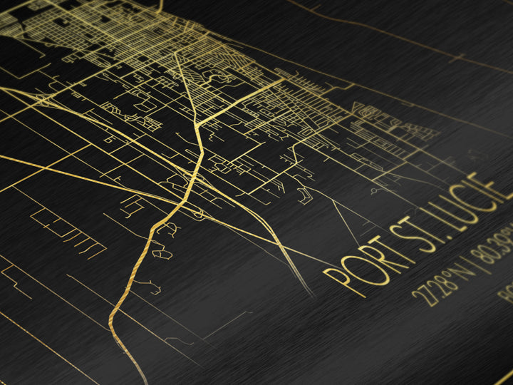 Port St. Lucie Florida City Poster, Metallic Gold Art, Metal Art, real wood frames, black and gold, Street Map Wall Art, Housewarming Gift