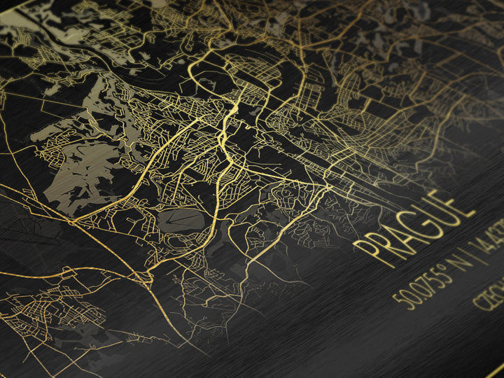 Prague Czech Republic City street map, Metallic Gold Print, Metal Art, wood framed map, black and gold, Street Map Art, Travel Poster