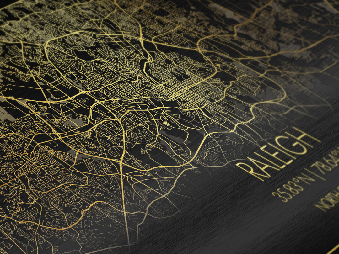 Raleigh North Carolina City street map, Metallic Gold Print, Metal Art, wood framed map, black and gold, Street Map Art, Minimalist Wall Art