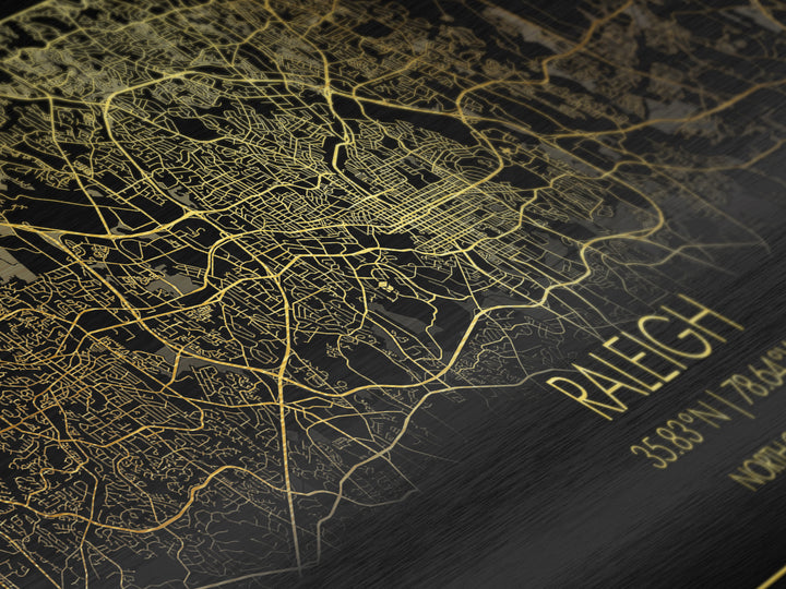 Raleigh North Carolina City street map, Metallic Gold Print, Metal Art, wood framed map, black and gold, Street Map Art, Minimalist Wall Art