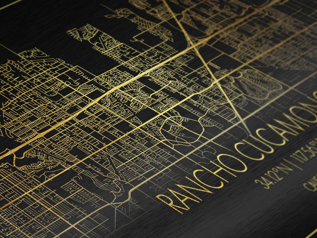 Rancho Cucamonga California City Poster, Metallic Gold Art, Metal Art, real wood frames, black and gold, Street Map Wall Art, College Dorm Décor