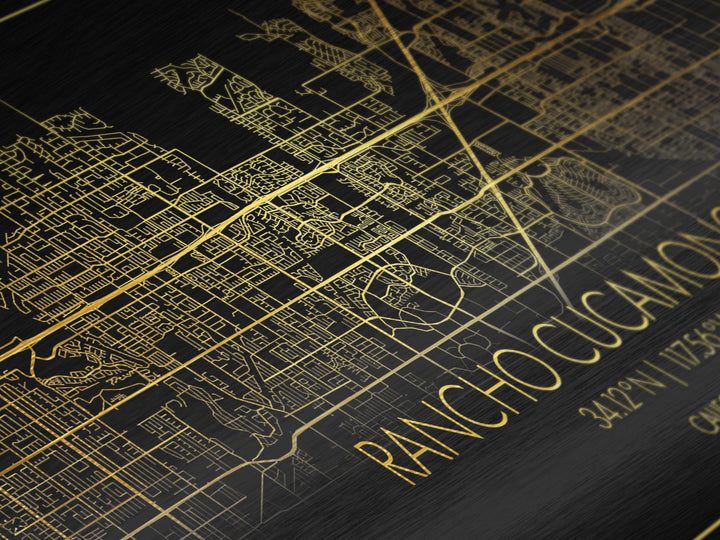 Rancho Cucamonga California City Poster, Metallic Gold Art, Metal Art, real wood frames, black and gold, Street Map Wall Art, College Dorm Décor